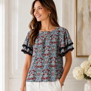 Loft Patterned Flutter Sleeve Blouse Small